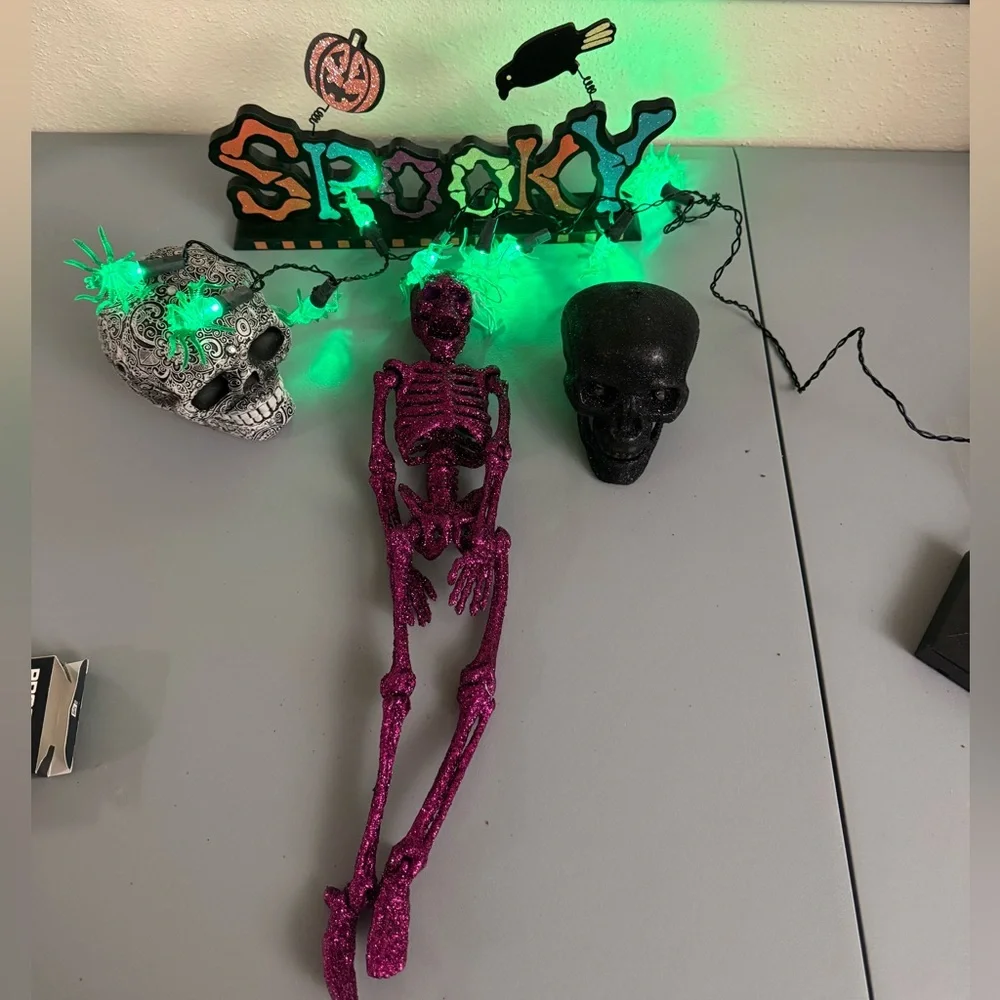 Halloween decor skull Purple glittery skeleton Spooky Sign Spider String Light